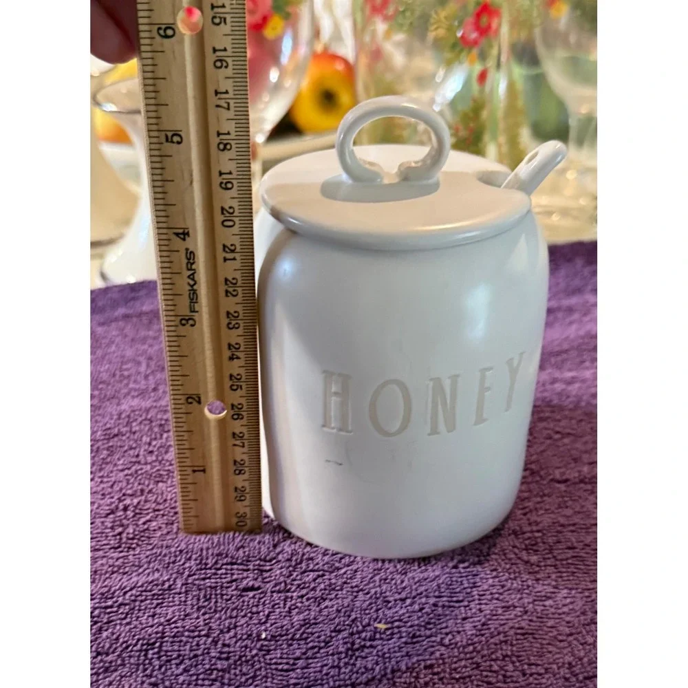 Rae Dunn Honey Pot Ceramic Jar with Lid and Spoon White Farmhouse Decor